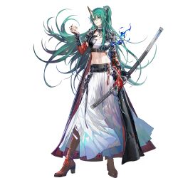 Rule 34 | 1girl, arknights, bandaged chest, black coat, blue fire, boots, coat, eyeliner, fire, floating hair, full body, green hair, hakama, hakama pants, high ponytail, highres, holding, holding sword, holding weapon, horns, hoshiguma (arknights), hoshiguma the breacher (arknights), japanese clothes, katana, long hair, looking at viewer, makeup, midriff, navel, official alternate costume, official art, pants, pleated pants, ponytail, red boots, red eyeliner, sheath, sheathed, shutun, simple background, single horn, smile, solo, standing, sword, tachi-e, transparent background, two-sided coat, two-sided fabric, very long hair, weapon, white hakama, white pants, yellow eyes