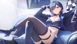 1girl absurdres asymmetrical_legwear ayase_yuu black_choker blue_eyes blue_gloves blue_hair blue_jacket blue_shoes breasts choker cleavage commission couch crop_top cropped_jacket crossed_legs fingerless_gloves gloves hair_over_shoulder hand_to_head high_heels highres jacket large_breasts long_hair looking_at_viewer mismatched_legwear on_couch open_clothes open_jacket parted_bangs phase_connect reclining second-party_source shoes solo stomach_tattoo tattoo thigh_strap thighhighs underbust virtual_youtuber yoellim5