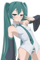 1girl absurdres aqua_eyes aqua_hair aqua_nails aqua_necktie aqua_stripes aqua_trim bare_shoulders black_sleeves blush collared_shirt detached_sleeves fidgeting funakinuta hair_between_eyes hatsune_miku highres long_hair long_sleeves looking_at_viewer necktie panties shirt simple_background skindentation skirt sleeveless sleeveless_shirt solo tattoo thighhighs thighs twintails underwear very_long_hair vocaloid white_background