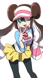 1girl ;d ayakadegozans bag black_pantyhose blue_eyes brown_hair cowboy_shot double_bun hair_between_eyes hair_bun highres holding holding_poke_ball leaning_forward looking_at_viewer nintendo one_eye_closed open_mouth pantyhose pink_bag poke_ball poke_ball_(basic) pokemon pokemon_bw2 rosa_(pokemon) shirt shorts shoulder_bag smile solo teeth three-quarter_sleeves twintails v visor_cap white_background yellow_shorts