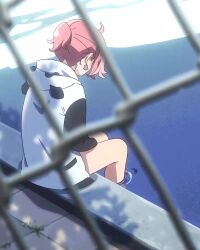 1girl animated anime_screenshot earrings facing_away fence jewelry looping_animation nijisanji pink_hair ponytail sasaki_saku short_hair sirataki_umauma soaking_feet solo swaying sweater tagme video virtual_youtuber water
