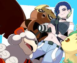 1girl absurdres archives.gokulism bare_shoulders bird black_choker blue_hair bob_cut breasts brown_eyes brown_feathers camera choker collarbone covered_eyes crop_top denim dog feathers gen_2_pokemon gen_4_pokemon gradient_hair grey_fur grey_shirt highres hisuian_growlithe holding holding_camera horns jeans leafeon loose_hair_strand medium_breasts midriff multicolored_hair nintendo noctowl one_eye_closed owl pants perrin_(pokemon) photographer pokemon pokemon_(creature) pokemon_sv red_fur ribbed_shirt shirt short_hair single_horn sleeveless sleeveless_shirt two-tone_fur undershirt v-neck watch white_nails wristwatch yellow_fur