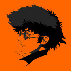 Rule 34 | 1boy, closed mouth, collared shirt, commentary request, cowboy bebop, cropped head, curly hair, looking at viewer, looking to the side, lowres, male focus, masamon, monochrome, no lineart, orange theme, partial commentary, profile, round eyewear, shirt, short hair, solo, spike spiegel, sunglasses