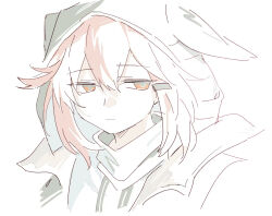 Rule 34 | 1girl, arknights, closed mouth, cropped shoulders, crownslayer (arknights), dopperu ben, hair between eyes, hair ornament, hairclip, highres, hood, hood up, looking back, multicolored hair, muted color, orange eyes, pink hair, short hair, simple background, solo, thinking, two-tone hair, white background, white hair, worried