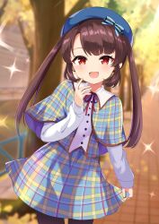 1girl :d beret blue_skirt blurry blurry_background blush brown_hair depth_of_field diffraction_spikes dodotsuki dress glint hat highres long_hair long_sleeves looking_at_viewer ongeki open_mouth outdoors pantyhose plaid_clothes plaid_dress plaid_skirt red_eyes ribbon shinonome_tsumugi shirt skirt smile solo sparkle sparkle_background sunset twintails white_shirt