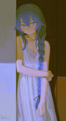 Rule 34 | 1girl, absurdres, artist name, blue hair, braid, closed mouth, dark, double-parted bangs, dress, flat chest, hair between eyes, hair flaps, highres, indoors, light blush, long hair, looking at viewer, mushoku tensei, perorem, roxy migurdia, solo, sundress, very long hair, white dress