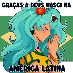 1girl aqua_hair bracelet brazilian_flag brazilian_flag_print brazilian_miku closed_eyes corrupted_twitter_file dark-skinned_female dark_skin eyewear_on_head flag_background flag_print flower from_side hair_flower hair_ornament hands_up hatsune_miku hayde_ink highres jewelry long_hair own_hands_clasped own_hands_together parted_lips portuguese_text praying profile rectangular_earrings red_flower shirt short_sleeves solo sunglasses twintails twitter_username upper_body vocaloid white-framed_eyewear yellow_shirt