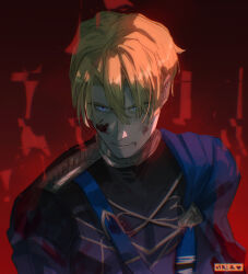 Rule 34 | 1boy, absurdres, belt, belt buckle, black shirt, blonde hair, blood, blood on face, blue belt, blue cape, blue eyes, buckle, cape, chest belt, commentary, curtained hair, dimitri alexandre blaiddyd, english commentary, fire emblem, fire emblem: three houses, garreg mach monastery uniform, highres, male focus, nintendo, school uniform, shirt, side cape, smile, solo, teeth, upper body, viria13