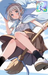 1girl black_socks blue_eyes blue_hat blue_necktie blush broom broom_riding brown_skirt capelet commentary_request crouching_start flying from_below gakuen_idolmaster gameplay_mechanics grey_hair hand_on_headwear hat highres holding holding_broom idolmaster katsuragi_lilja legs necktie pleated_skirt ribbon_braid shirt shoes short_hair sidesaddle skirt sky sneakers socks solo white_shirt witch_hat