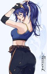 1girl absurdres adapted_costume ass belt belt_pouch blue_eyes blue_hair breasts commission commissioner_upload cowboy_shot crop_top elbow_gloves fingerless_gloves fire_emblem fire_emblem_awakening from_behind garter_straps gloves gold_trim hairband highres jhony_caballero logo long_hair looking_at_viewer lucina_(fire_emblem) matching_hair/eyes medium_breasts nintendo pants ponytail pouch shirt sideboob skin_tight sleeveless sleeveless_shirt sports_bra sweat tiara tight_clothes tight_pants toned toned_female tying_hair white_background