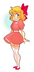1girl artist_request blonde_hair blue_eyes bow child commentary_request dress full_body hair_bow hair_ribbon highres mother_(series) mother_2 nintendo non-web_source paula_(mother_2) pink_dress red_bow red_ribbon ribbon shoes short_hair short_sleeves smile source_request
