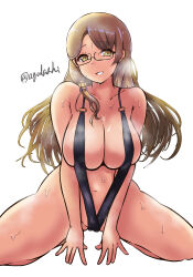 1girl agodashi black_slingshot_swimsuit blonde_hair breasts breath cleavage curry food glasses highres kantai_collection large_breasts long_hair looking_at_viewer navel northampton_(kancolle) o-ring o-ring_swimsuit one-hour_drawing_challenge simple_background sitting slingshot_swimsuit solo swimsuit thick_thighs thighs twitter_username wariza white_background yellow_eyes