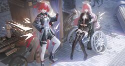 2girls absurdres arknights black_gloves closed_mouth detached_wings exusiai_(arknights) fingerless_gloves full_body gloves halo highres jeze lemuen_(arknights) long_hair looking_at_viewer multiple_girls open_mouth ponytail sitting smile white_halo white_wings wings