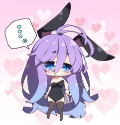 ... 1girl animal_ears antenna_hair bare_shoulders big_head black_footwear black_leotard black_thighhighs blue_eyes blue_hair breasts chibi commentary_request covered_navel fake_animal_ears full_body fuyou-chan gradient_background gradient_hair hair_between_eyes heart heart_background highres large_breasts leotard milkpanda multicolored_hair original pink_background playboy_bunny purple_hair rabbit_ears rabbit_tail short_eyebrows solo spoken_ellipsis standing strapless strapless_leotard tail thick_eyebrows thighhighs white_background wrist_cuffs