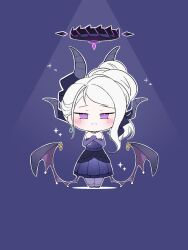 Rule 34 | 1girl, black halo, blue archive, blush, breasts, chibi, demon girl, demon horns, demon wings, dress, earrings, elbow gloves, full body, gloves, halo, highres, hina (blue archive), horns, jewelry, long hair, necklace, pendant, purple dress, purple eyes, purple gloves, small breasts, solo, standing, tog (tog159), white hair, wings