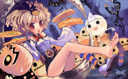 1girl 1other :d animal animal_on_head bare_tree bat_(animal) belt black_cat black_pants black_shorts blonde_hair blue_socks blush bow bowtie breasts brown_belt cat cat_on_head copyright_notice fog food full_body ghost grey_background guest_art halloween headless highres holding holding_food jack-o&#039;-lantern jakk_(ragnarok_online) logo loli_ruri long_sleeves looking_at_viewer lude_(ragnarok_online) off-shoulder_shirt off_shoulder official_art official_wallpaper okishiji_en on_head open_mouth orange_socks pants pointy_ears pumpkin ragnarok_online red_bow red_bowtie red_eyes shirt shoes short_hair short_shorts shorts single_bare_foot small_breasts smile socks striped_clothes striped_socks sweatdrop toenails toes tombstone tree triangular_headpiece waffle white_footwear white_shirt wide_sleeves