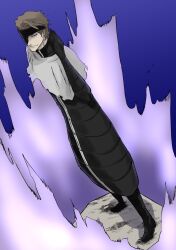 1boy aizen_sousuke black_bodysuit bleach bleach:_sennen_kessen-hen blue_background bodysuit brown_eyes brown_hair casting_spell closed_mouth commentary_request dutch_angle eyepatch full_body hand_up highres looking_at_viewer male_focus mitu_hide43 nose one_eye_covered open_hand short_hair simple_background smile solo standing