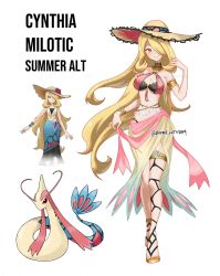 1girl absurdres armlet bikini bikini_under_clothes blonde_hair blue_sarong bracelet breasts cynthia_(summer_2025)_(pokemon) gen_3_pokemon grey_eyes hair_over_one_eye hat highres jewelry medium_breasts milotic nintendo official_alternate_costume pokemon pokemon_(creature) pokemon_masters_ex rhymewithray sarong standing straw_hat swimsuit thighlet white_sarong