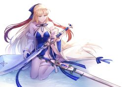 1girl ahoge artoria_caster_(fate) artoria_caster_(swimsuit)_(fate) artoria_caster_(swimsuit)_(third_ascension)_(fate) artoria_caster_(swimsuit_berserker)_(fate) artoria_caster_(swimsuit_berserker)_(third_ascension)_(fate) artoria_pendragon_(fate) bare_legs bare_shoulders blonde_hair blue_bow blue_one-piece_swimsuit blue_ribbon bow breasts diamond_(shape) double_blade fate/grand_order fate_(series) full_body gold_trim green_eyes hair_bow highres holding holding_sword holding_weapon long_hair long_sleeves looking_down one-piece_swimsuit ornament red_hair ribbon sitting sitting_on_water small_breasts smile swimsuit sword twintails very_long_hair water weapon white_background white_footwear white_ribbon yamano_udumi