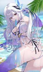 1girl ass beach bikini blue_gloves blue_sky blue_thighhighs breasts commentary_request elbow_gloves food food_in_mouth genshin_impact gloves highres large_breasts long_hair looking_at_viewer lying ocean on_side outdoors parted_lips popsicle popsicle_in_mouth red_eyes rinmel9 side-tie_bikini_bottom skirk_(genshin_impact) sky solo swimsuit thighhighs thighs wet white_bikini white_hair