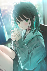 Rule 34 | 1girl, :o, black shorts, blurry, blurry background, blush, bokeh, borrowed clothes, brown hair, coat, colored inner hair, commentary request, couch, cup, curtains, depth of field, ear ornament, green coat, green eyes, green hair, holding, holding cup, indoors, knees up, long sleeves, looking at viewer, multicolored hair, on couch, original, parted lips, shorts, sitting, sleeves past wrists, solo, water drop, yukimaru nun