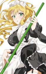 1girl absurdres ahoge apron black_dress blonde_hair breasts cowboy_shot dress floating_hair green_eyes highres holding hoshii_miki idolmaster idolmaster_(classic) juliet_sleeves katsu_(kana) long_hair long_sleeves looking_at_viewer maid maid_apron maid_headdress parted_lips puffy_sleeves simple_background solo white_apron white_background white_headdress