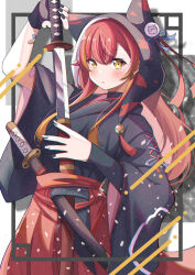 1girl alternate_costume animal_hood anku bandaid bandaid_on_arm black_nails cat_hood crossed_bandaids earrings fingerless_gloves gloves highres holding holding_sword holding_weapon hood japanese_clothes jewelry katana kimono long_hair nekota_tsuna orange_eyes outside_border parted_lips red_hair sheath single_glove solo swept_bangs sword unsheathing upper_body virtual_youtuber vspo! weapon wide_sleeves