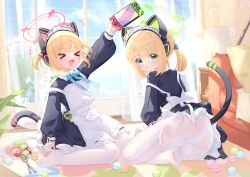 &gt;_&lt; +++ 2girls :3 :d absurdres akovo animal_ear_headphones animal_ears apron ass black_dress blonde_hair blue_archive cat_ear_headphones cat_ears cat_tail dress fake_animal_ears fake_tail food green_eyes green_halo halo handheld_game_console happy headphones highres holding holding_handheld_game_console indoors loli long_sleeves looking_at_viewer looking_back macaron maid maid_apron midori_(blue_archive) midori_(maid)_(blue_archive) momoi_(blue_archive) momoi_(maid)_(blue_archive) multiple_girls nintendo_switch no_shoes open_mouth panties panties_under_pantyhose pantyhose parted_lips pink_halo puffy_long_sleeves puffy_sleeves siblings sisters sitting smile tail turning_head twins twintails underwear virtual_pet_(toy) wariza white_apron white_pantyhose xd