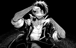 Rule 34 | 1boy, black background, boku no hero academia, burn scar, cheek piercing, dabi (boku no hero academia), ear piercing, evil smile, face piercing, greyscale, highres, jacket, looking at viewer, male focus, monochrome, multicolored hair, multiple piercings, multiple scars, nose piercing, open mouth, piercing, popped collar, scar, scar on arm, scar on face, scar on hand, scar on mouth, scar on neck, short hair, sleeves rolled up, smile, spiked hair, staple, stapled, stitches, upper body, wrinkled skin, yokoyari mengo