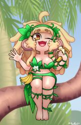 1girl animal_ears artist_name banana bananajuju barefoot blonde_hair brown_eyes dreadlocks food fruit highres indie_virtual_youtuber leaf_bra long_hair looking_at_viewer monkey_ears monkey_girl mrmooncrest one_eye_closed open_mouth plant_clothing sitting solo virtual_youtuber
