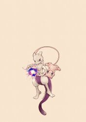 artist_name blue_eyes casting_spell colored_skin commentary_request floating gen_1_pokemon highres legendary_pokemon mew_(pokemon) mewtwo mythical_pokemon nintendo no_humans pawpads pink_skin pokemon pokemon_(creature) purple_eyes simple_background standing tail twitter_username upside-down white_background white_skin zozozoshion