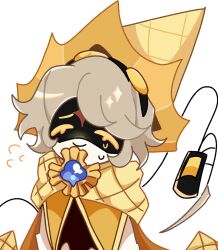 1boy android blonde_hair cookie_run cookie_run:_kingdom cosplay facial_mark forehead_mark highres humanization humanoid_robot katkit637729776 long_hair long_sleeves looking_at_viewer male_focus mechanical_arms murder_drones n_(murder_drones) parody pure_vanilla_cookie robe robot short_hair simple_background smile white_hair white_robe yellow_eyes