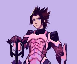 Rule 34 | 1boy, absurdres, armor, blue eyes, brown hair, closed mouth, commentary, english commentary, gloves, hand on weapon, highres, keyblade, kingdom hearts, kingdom hearts birth by sleep, looking at viewer, male focus, pink armor, plate armor, shoulder armor, snoozaga, spiked hair, standing, terra (kingdom hearts)