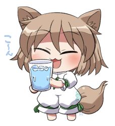 1girl :3 :d animal_ear_fluff animal_ears barefoot blush brown_hair chibi chibi_only closed_eyes commentary_request cup drinking_glass fox_ears fox_girl fox_tail full_body green_ribbon holding holding_cup ice ice_cube ko~n kudamaki_tsukasa neck_ribbon open_mouth ribbon rokugou_daisuke romper short_hair short_sleeves signature simple_background sleeve_ribbon smile solo standing tail touhou water white_background white_romper