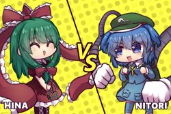 2girls ^_^ arms_(game) backpack bag blue_hair blue_shirt blue_skirt boots bow character_name closed_eyes cross-laced_footwear dress closed_eyes flat_cap frilled_bow frilled_ribbon frills front_ponytail gloves green_hair green_headwear hair_between_eyes hair_bow hair_ribbon hat kagiyama_hina kawashiro_nitori key long_hair long_sleeves looking_at_another mechanical_arms medium_hair multiple_girls one-hour_drawing_challenge open_mouth polka_dot polka_dot_background red_bow red_dress red_ribbon ribbon shirt skirt smile spiral standing touhou two_side_up unime_seaflower v-shaped_eyebrows v_arms vs white_gloves yellow_background