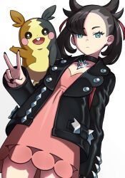 1girl asymmetrical_bangs bite_addict black_choker black_hair black_jacket black_nails choker dress earrings gen_8_pokemon green_eyes hair_ribbon highres jacket jewelry looking_at_viewer marnie_(pokemon) medium_hair morpeko morpeko_(full) nail_polish nintendo open_clothes open_jacket pink_dress pokemon pokemon_swsh ribbon stud_earrings twintails v white_background