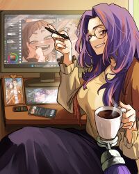 absurdres at_computer boku_no_hero_academia breasts cameo chair computer desk drawing_tablet highres holding holding_stylus lady_nagant large_breasts long_hair looking_at_viewer midoriya_izuku monitor multicolored_hair open_mouth pink_hair purple_eyes purple_hair recursion smile solo streaked_hair stylus toga_himiko turtleneck two-tone_hair uraraka_ochaco vlizz