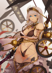 1girl arm_up bikini black_bikini blue_eyes breasts chain cleavage crown cuffs earrings fate/grand_order fate_(series) gold_chain gold_choker grey_hair high-waist_panties highres jewelry large_breasts long_hair looking_at_viewer multicolored_hair pink_hair shackles solo swimsuit sword tan thighhighs ura_illust weapon wheel zenobia_(fate)