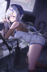 bent_over blue_eyes blue_hat blue_streaks clothing_cutout commentary_request computer computer_keyboard computer_tower corset dodari dress hat headphones headset hebi_(vtuber) highres indie_virtual_youtuber instrument keyboard_(instrument) kneehighs korean_commentary light_blush microphone monitor multicolored_hair multiple_monitors parted_lips pop_filter see-through_clothes see-through_sleeves shorts shoulder_cutout slit_pupils socks speaker steepled_fingers streaked_hair studio_microphone thighs virtual_youtuber white_corset white_dress white_hair white_shorts