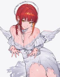 1girl absurdres angel_wings bare_shoulders breasts chainsaw_man closed_mouth collarbone commentary_request cross cross_earrings dress earrings halo highres jewelry large_breasts long_sleeves looking_at_viewer makima_(chainsaw_man) medium_hair necklace paid_reward_available patreon_username qiandaiyiyu red_hair simple_background smile solo sweat torn_clothes torn_dress white_background white_dress wings yellow_eyes
