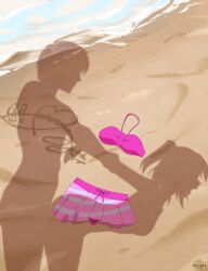 1boy 1girl beach ddeshiro dressed_shadow_(meme) hetero highres implied_nudity implied_sex kurosawa_ruby love_live! love_live!_sunshine!! meme sand shadow swimsuit