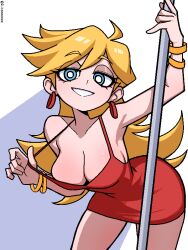1girl bangle bare_shoulders bent_over blonde_hair blue_eyes bracelet breasts cleavage commentary_request dress earrings grin half-closed_eyes hoop_earrings jewelry ji_heeeeeee korean_commentary large_breasts long_hair looking_at_viewer panty_&amp;_stocking_with_garterbelt panty_(psg) pole red_dress simple_background sleeveless sleeveless_dress smile solo strap_pull stripper_pole twitter_username