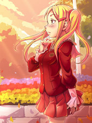 1girl aoyama_mio bad_id bad_pixiv_id blonde_hair blush brown_eyes e20 female_focus hair_ornament hairclip kami_nomi_zo_shiru_sekai long_hair open_mouth petals profile school_uniform skirt solo tears twintails