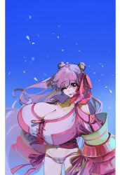 1girl anmochi_mochi bikini blush breasts claw_(weapon) cleavage double_bun fate/grand_order fate_(series) gigantic_breasts hair_bun highres huge_breasts jacket long_hair long_sleeves looking_at_viewer navel open_mouth passionlip_(celeb_summer_experience_swimsuit)_(fate) passionlip_(fate) pink_bikini pink_eyes pink_jacket pink_ribbon purple_hair ribbon smile solo swimsuit weapon