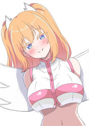 Rule 34 | 1girl, 2.5 jigen no ririsa, amano ririsa, angel wings, arms behind back, blonde hair, blue eyes, blush, breasts, cosplay, crop top, crop top overhang, fake wings, hair ornament, highres, large breasts, liliel (2.5 jigen no ririsa), liliel (2.5 jigen no ririsa) (cosplay), long hair, looking at viewer, navel, rakotako8, simple background, sleeveless, smile, stomach, twintails, white background, wing hair ornament, wings, zipper pull tab