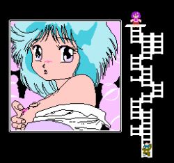 Rule 34 | 1boy, 2girls, black background, blue footwear, blue hair, blush, breasts, bubble background, climbing ladder, flower, green pants, green shirt, grey eyes, hair flower, hair ornament, hands on own breasts, jacket, ladder, large breasts, long sleeves, looking at viewer, lowres, mimi (sailor fuku bishoujo zukan), multiple girls, nipple rub, nipple stimulation, nipples, off shoulder, open clothes, open mouth, open shirt, pants, pink background, pink jacket, pixel art, purple hair, purple shirt, red skirt, sailor fuku bishoujo zukan, sailor fuku bishoujo zukan vol. 5, shirt, shoes, short hair, skirt, sleeveless, sleeveless jacket, standing, two-tone background, upper body, white shirt