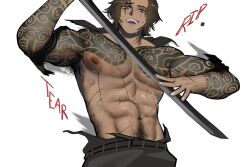 1boy abs belt brown_hair heathcliff_(project_moon) highres holding holding_sword holding_weapon irezumi kurokumo_clan_(identity)_(project_moon) limbus_company looking_at_viewer male_focus medium_hair nipples no_shirt open_mouth pants project_moon pubic_hair scar scar_across_eye scar_on_chest scar_on_face scars_all_over shirt solo sound_effects sweat sword tattoo tomoart985 toned toned_male too_many torn_clothes torn_shirt weapon