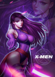 10s 1girl armpits aura bare_shoulders breasts bridal_gauntlets closed_mouth collarbone copyright_name covered_collarbone cowboy_shot elbow_gloves energy energy_blade eyelashes female_focus foreshortening from_side gloves glowing glowing_weapon groin halterneck hand_up high_collar highleg highleg_leotard highres hip_focus holding holding_sword holding_weapon impossible_clothes impossible_leotard katana large_breasts legband leotard lips lipstick logo long_hair looking_at_viewer makeup marvel ninja nose outstretched_arm pointing pointing_at_viewer psylocke purple_eyes purple_gloves purple_hair purple_lips purple_thighhighs ribbed_leotard sash shadow skin_tight smile solo standing superhero_costume sword taut_clothes taut_leotard thigh_strap thighhighs turtleneck weapon x-men zoom_layer