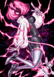 1girl ass black_bodysuit bodysuit breasts character_name duel_monster electricity enmoenmo highres jacket legs_up looking_at_viewer looking_back medium_breasts pink_hair shoes short_hair solo spright_carrot thighhighs white_thighhighs yu-gi-oh!
