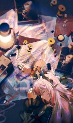 1girl absurdres amiya_(arknights) animal_ear_fluff animal_ears arknights black_dress brown_hair character_request check_character closed_eyes closed_mouth commentary_request doctor_(arknights) dress grey_hair haku_(muc12b) highres hood hood_up hooded_jacket horns jacket kal&#039;tsit_(arknights) lantern light_smile long_hair long_sleeves pointy_ears rabbit_ears solo spool theresa_(arknights) theresis_(arknights) thread